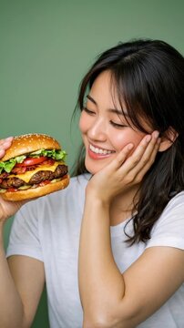 Smiling Asian Woman Holding a Gourmet Hamburger