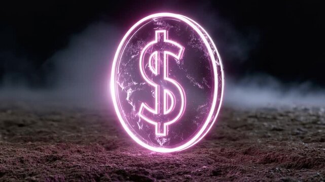 A glowing pink neon dollar sign symbol on a coin, set against a dark, smoky background with a textured ground. ..Created with Generative AI, not depicting real subjects.