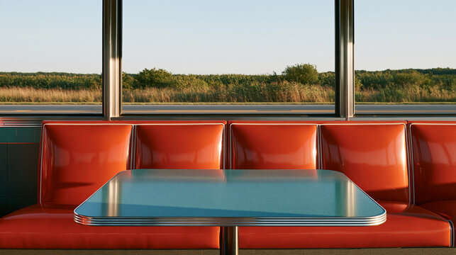 Retro diner booth with shiny red vinyl seats, turquoise tabletop, chrome trim and large window overlooking a quiet road, classic Americana, restaurant interior, nostalgic travel,
