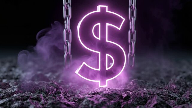 A glowing neon dollar sign, suspended by heavy chains amidst ethereal purple smoke and a textured rocky ground. ..Created with Generative AI, not depicting real subjects.