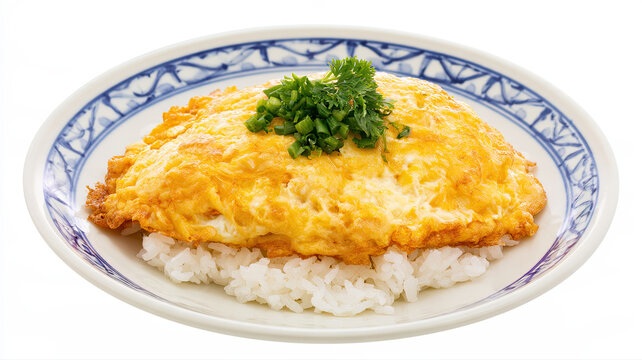 transparent thai omelette kai jeow on rice isolated on white background