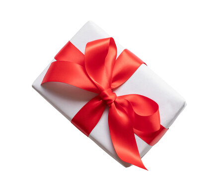Close up shot,Premium of white gift box with red stream ribbon bow in top view