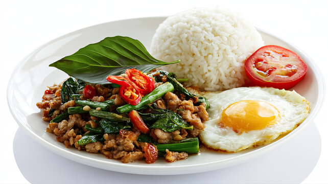 nfizix basil pork pad krapow with fried egg on a white background