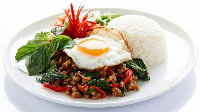 basil pork pad krapow with fried egg on isolated background