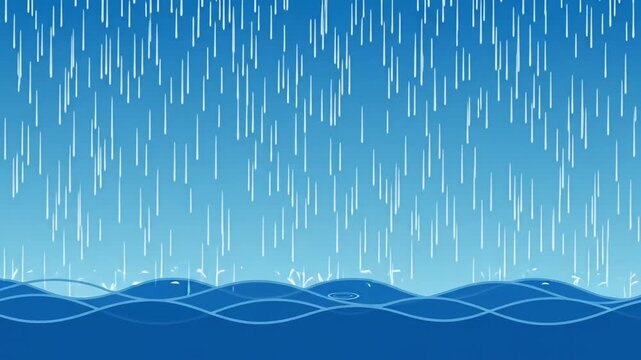 Heavy rain falling on calm ocean waves with snowy mountain peaks in background