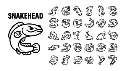 Obraz premium Snakehead Fish Character Set: A collection of cartoon illustrations showcasing a snakehead fish in various poses and emotions, featuring a bold text label SNAKEHEAD.