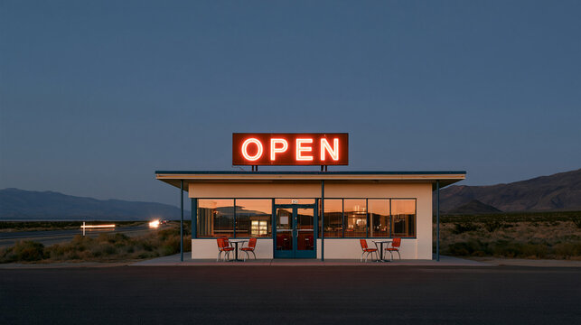 Retro roadside cafe with a large glowing open sign during blue hour, empty highway and soft headlights in distance, nostalgic travel concept, vintage Americana, with copy space