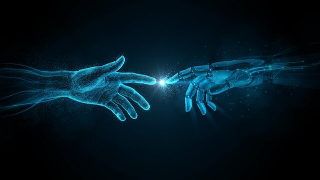 Artificial Intelligence and Human Connection Futuristic Digital Hands Touching in Blue Neon Light