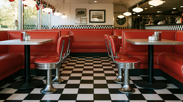 Classic diner interior with patriotic-style decorative bunting, red booths, chrome stools and checkerboard floor, nostalgic Americana atmosphere, vintage restaurant design,