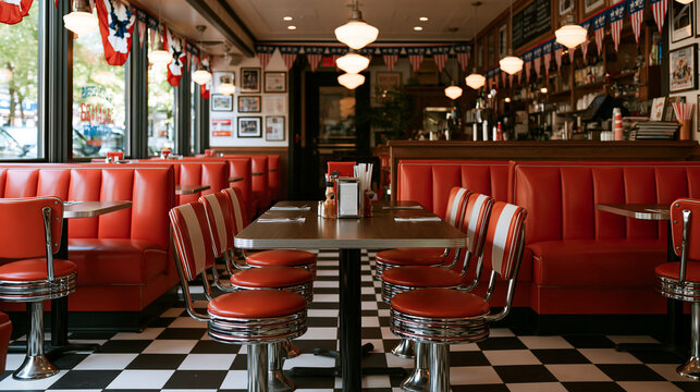 Classic diner interior with patriotic-style decorative bunting, red booths, chrome stools and checkerboard floor, nostalgic Americana atmosphere, vintage restaurant design,