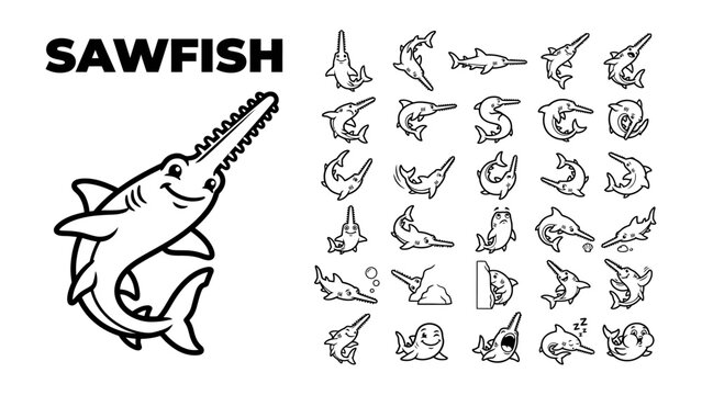 Sawfish and Marine Life Illustrations: A collection of charming black and white illustrations depicting a sawfish and various other marine creatures.