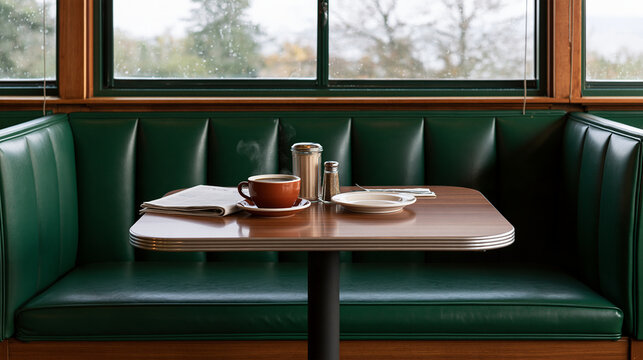 Cozy diner booth during early morning rain, steaming coffee, newspaper and simple breakfast on table, nostalgic everyday life, vintage Americana, cafe culture, with copy space