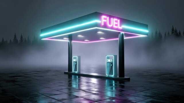 Retro gas station with glowing neon sign in a foggy, atmospheric night. ..Created with Generative AI, not depicting real subjects.
