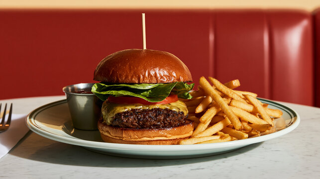 Classic diner burger with melted cheese, lettuce and tomato alongside golden fries, vintage red booth background, appetizing restaurant photography, American comfort food, retro