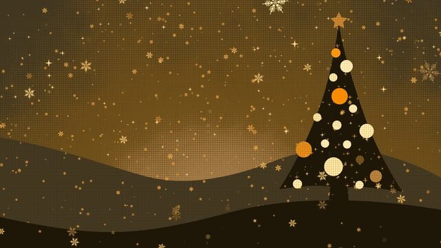 stylized Christmas tree twinkles warmly against a dark, snowy backdrop, festive and magical holiday halftone background, loopable animation
