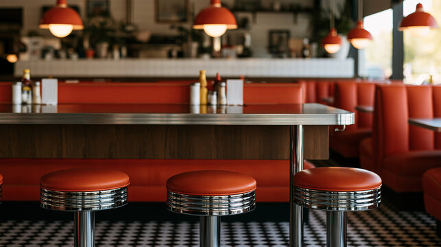 Cozy vintage diner interior with red booths, checkerboard floor, chrome counter, polished stools and warm pendant lights, classic American cafe atmosphere, retro interior,