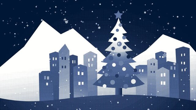 festive blue halftone animation of a Christmas tree glowing amidst a snowy city and mountain backdrop