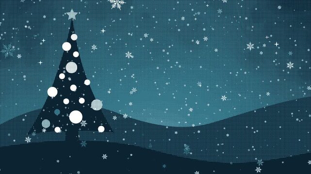 stylized Christmas tree on snowy hills with falling snow and twinkling stars, ideal for festive holiday content, loopable retro halftone animation