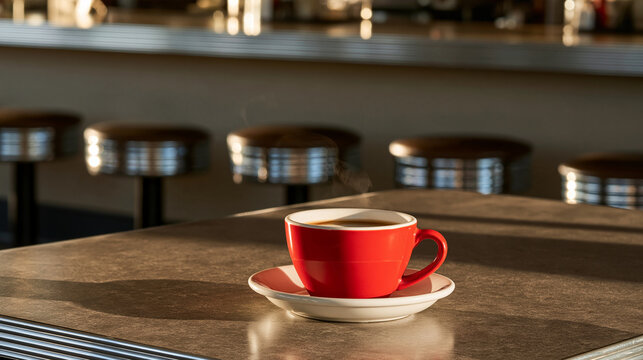 Ceramic coffee cup on a polished diner counter with chrome stools in soft morning light, subtle steam rising from coffee, cozy nostalgia, retro cafe, American breakfast, food
