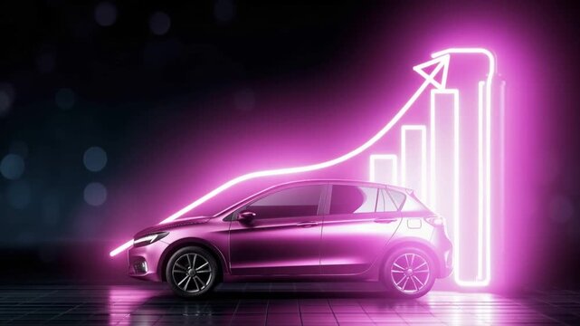 A sleek, modern electric car is showcased in a vibrant neon glow. ..Created with Generative AI, not depicting real subjects.