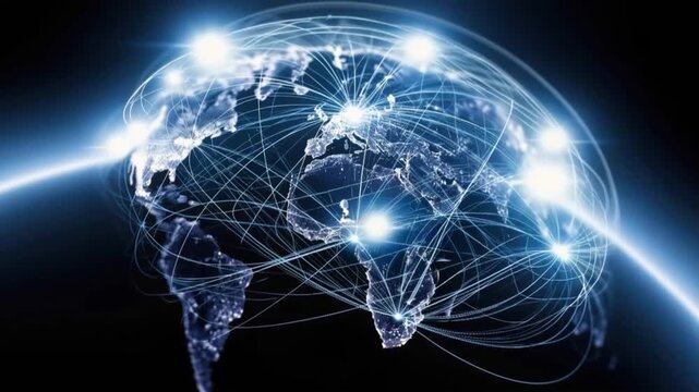 Abstract digital representation of a glowing Earth, crisscrossed by illuminated network lines and bright nodes. ..Created with Generative AI, not depicting real subjects.
