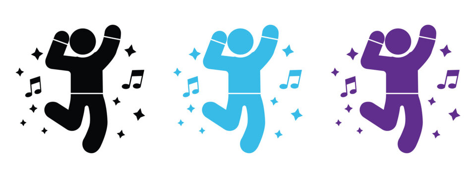 Dancing Person Vector Icon Set, Happy Man Stick Figure with Musical Notes and Sparkles.