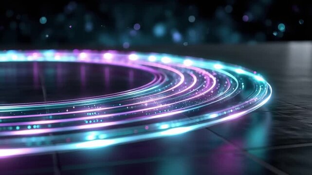 Abstract circular light trails of blue and purple glowing lines weave and connect. ..Created with Generative AI, not depicting real subjects.