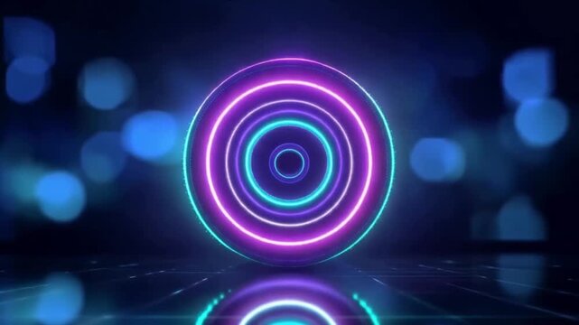 A mesmerizing abstract design features concentric neon rings in vibrant shades of pink and blue, pulsing with ethereal light against a dark. ..Created with Generative AI, not depicting real subjects.