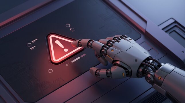 Automated emergency response showing robotic hand pressing critical warning button on digital touchscreen interface during system failure