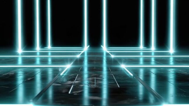 Futuristic neon light tunnel with reflective floor and glowing blue vertical lines, creating an abstract and futuristic ambiance. ..Created with Generative AI, not depicting real subjects.