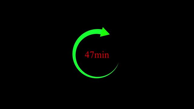 Green 47 minute countdown timer with rotating arrow on black background 4k motion video..