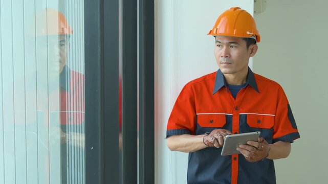 Professional construction engineer using a digital tablet for site inspection and planning