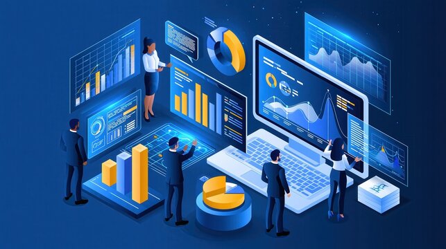 Business professionals analyzing financial data with digital dashboards during a meeting in a modern office setting