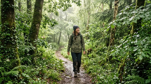 Woman hiking on a wet forest path surrounded by lush green foliage and trees on a misty day