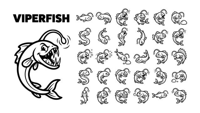 Viperfish Cartoon Collection: A collection of playful cartoon illustrations showcasing a viperfish in various dynamic poses and expressions, highlighting its unique features.