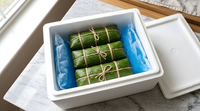 Traditional Vietnamese pork rolls wrapped in green banana leaves and tied with string, stored inside a white styrofoam cooler box with blue gel ice packs for preservation and transport.