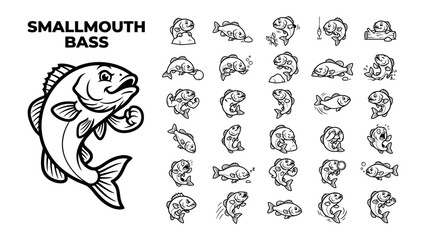 Obraz premium Smallmouth Bass Illustration Set: A dynamic illustration features a large smallmouth bass on the left, accompanied by a grid of smaller, diverse fish characters on the right.