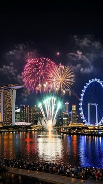 Fireworks Display Over Marina Bay Sands and Singapore Flyer