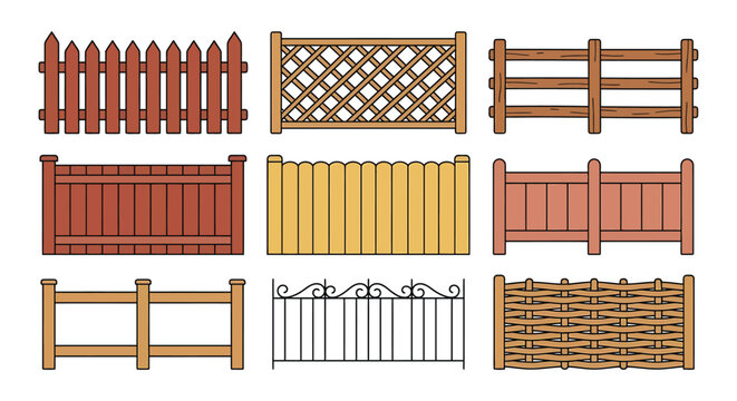 Assorted wooden fence panels and garden barriers are displayed in a vector illustration barrier boundaries
