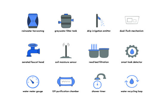 Eco friendly water conservation and greywater recycling icon set with rainwater harvesting gear