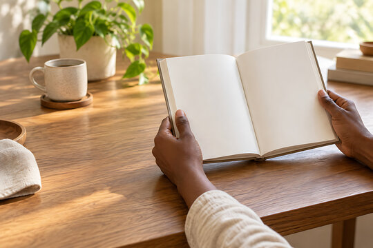 Hands opening blank book beside a sunlit window