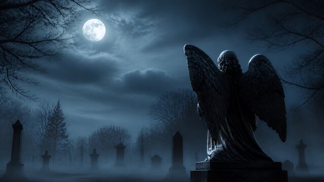 Stone Angel Silhouette In Moonlit Cemetery Fog