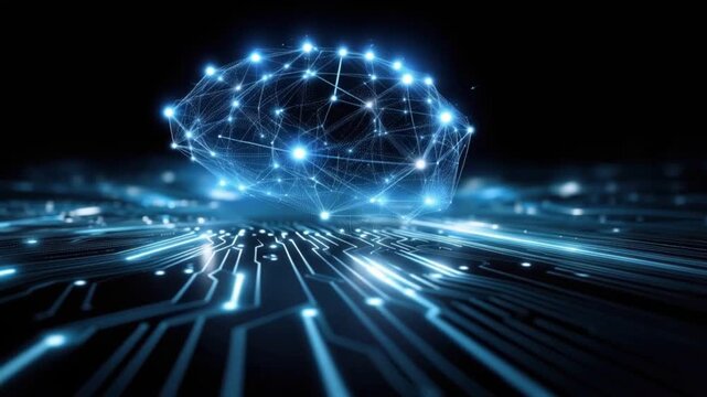 Abstract digital brain, composed of glowing blue light particles and interconnected nodes. ..Created with Generative AI, not depicting real subjects.