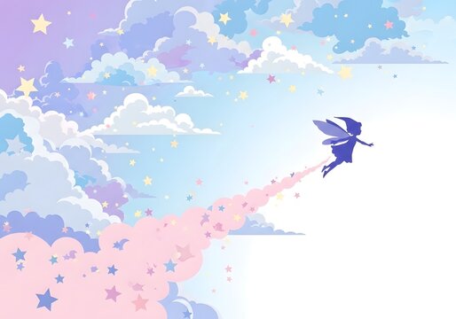 Magical fairy silhouette flying through a pastel dream sky with whimsical clouds and twinkling stars