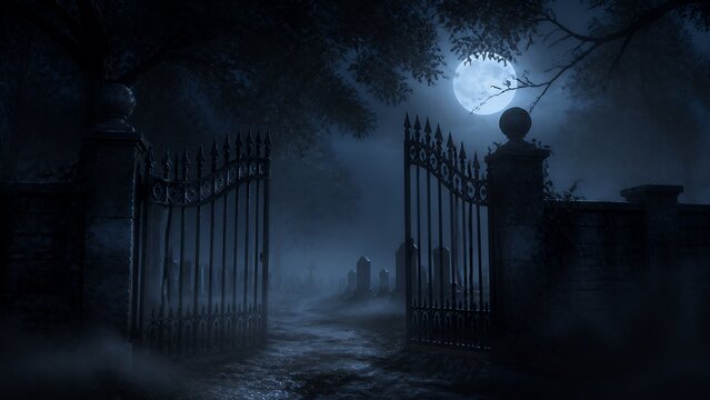 Open Iron Cemetery Gate In Blue Moon Fog