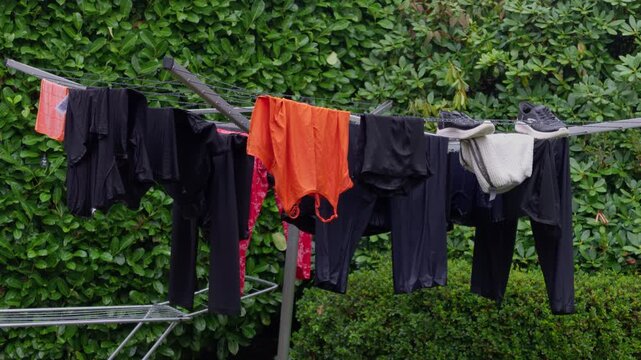 Medium shot captures bright orange sports shirt and dark garments drying on metal rotary airer outdoors against lush green hedge during autumn rain shower in Budel Cranendonck.