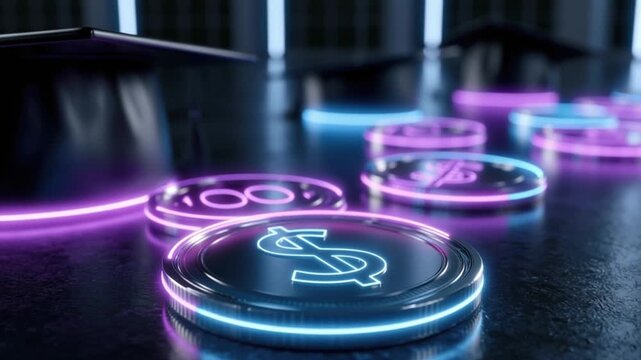Neon-lit graduation caps and coins with currency symbols glowing in purple and blue light. ..Created with Generative AI, not depicting real subjects.