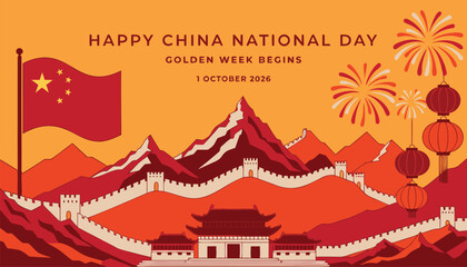 Fototapeta premium China national day celebration with traditional lanterns and great wall illustration