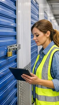 Worker in Safety Vest Using Tablet to Manage Inventory in Storage Warehouse