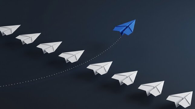 Blue Paper Plane Flying Upward Breaking Away From Line Representing Business Leadership Disruption and Strategic Innovation